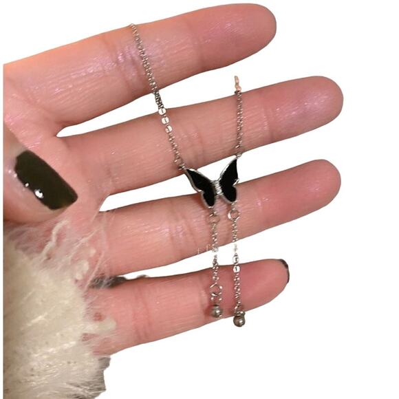 2/$30 Butterfly Tassel Necklace Silver Tone Classic Black Butterfly Simple - Picture 3 of 5